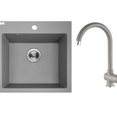PAULO SZETT gránit egymedencés szürke mosogató csappal, szifonnal, 49x49x21,4 cm