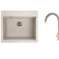 RIO 6 SZETT egymedencés gránit bézs mosogató csappal, szifonnal, 57x50x21,5 cm