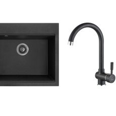 RIO 6 SZETT egymedencés gránit fekete mosogató szifonnal, csappal, 57x50x21,5 cm