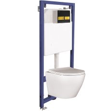 LAVEO AKAN / DESNA WC-szett rejtett fali tartállyal, arany/fekete öblítővel, fali WC-vel, keskeny ülőkével - VMDB600S