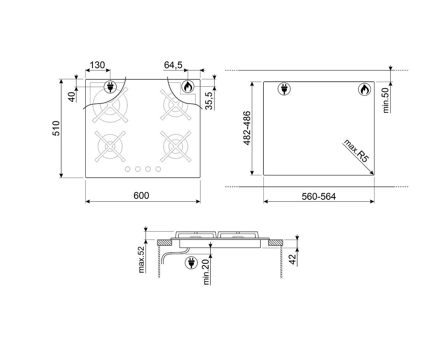 SMEG GÁZ FŐZŐLAP, Classica, 60 cm, öntöttvas rács, fekete üveg - Image 5