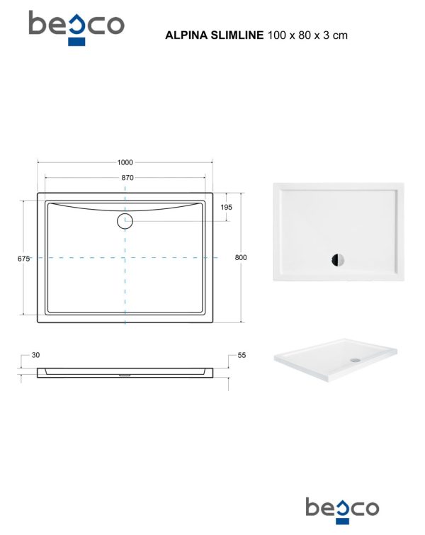 Besco Alpina szögletes zuhanytálca 80 × 100 × 5,5 cm - BAA-108-P - Image 6