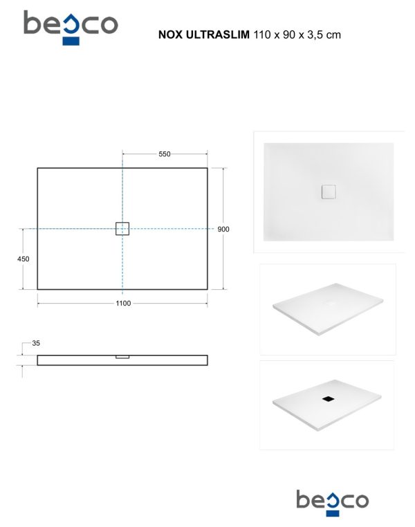 Besco Nox White szögletes zuhanytálca 110 × 90 × 3,5 cm - BMN110-90-BB - Image 11