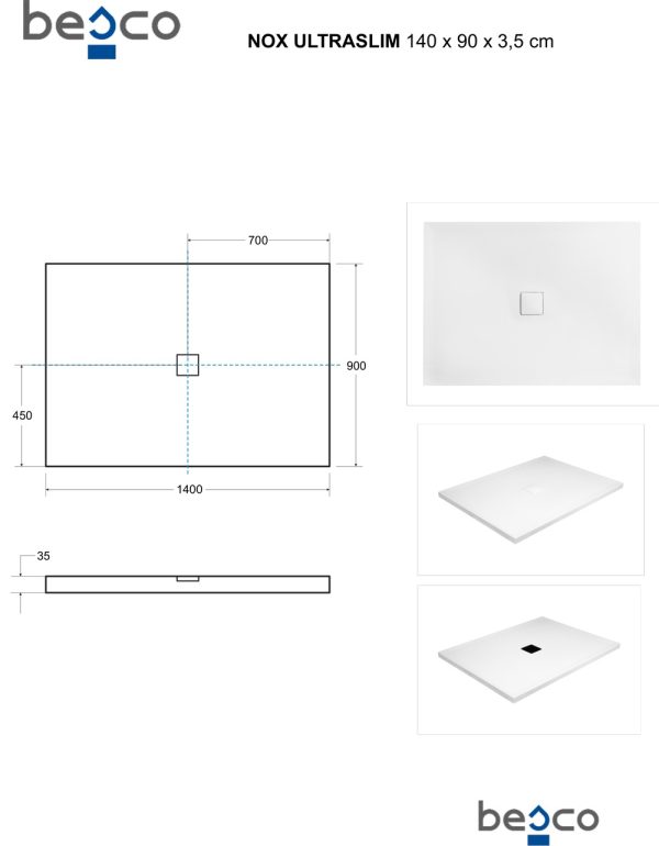 Besco Nox White szögletes zuhanytálca 140 × 90 × 3,5 cm - BMN-140-90-BB - Image 11