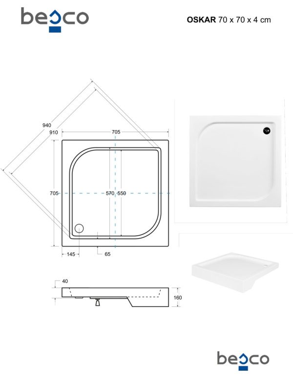 Besco Oskar szögletes zuhanytálca 70 x 70 x 16 cm - BAO-70-PK - Image 5