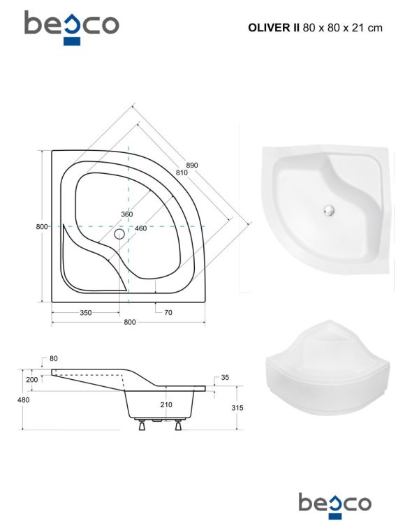Besco Oliver II. íves mély zuhanytálca 80 x 80 x 31,5/48,5 cm - BAO-80-II - Image 5