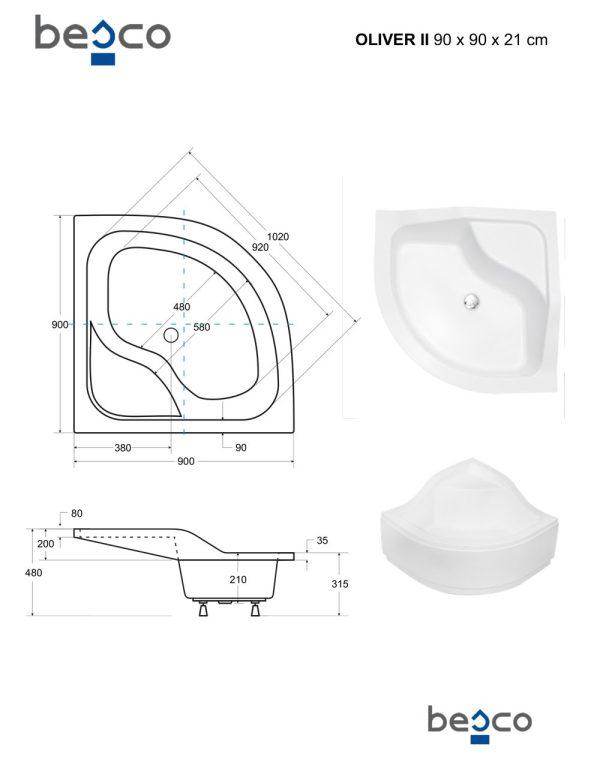 Besco Oliver II. íves mély zuhanytálca 90 x 90 x 31,5/48,5 cm - BAO-90-II - Image 2