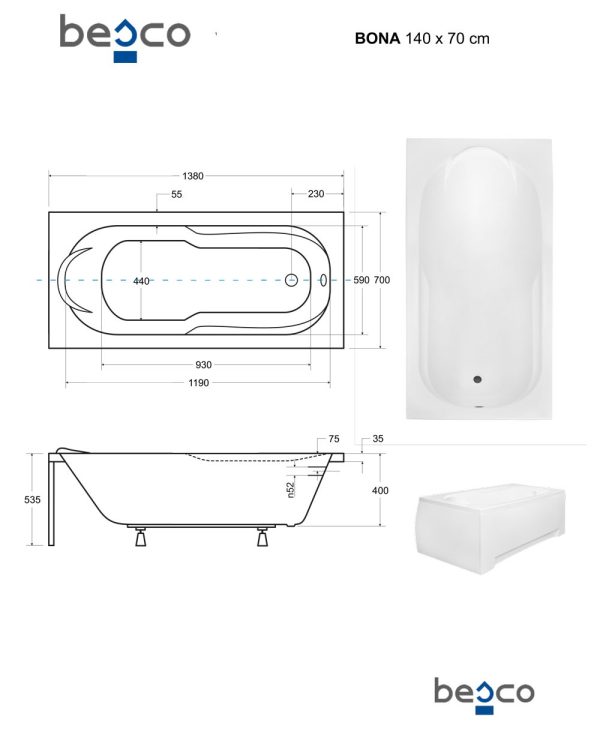 Besco Bona egyenes akril fürdőkád 190 x 80 cm - WAB-190-PK - Image 8