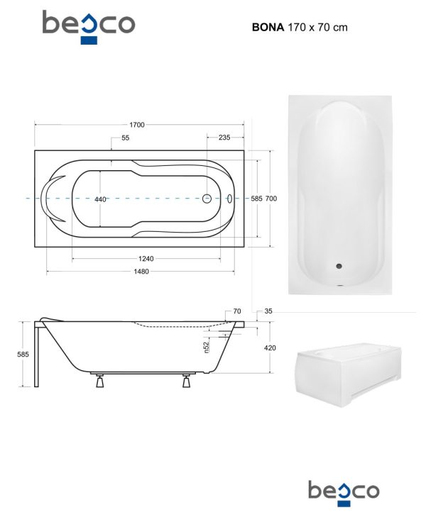 Besco Bona egyenes akril fürdőkád 180 x 80 cm - WAB-180-PK - Image 5