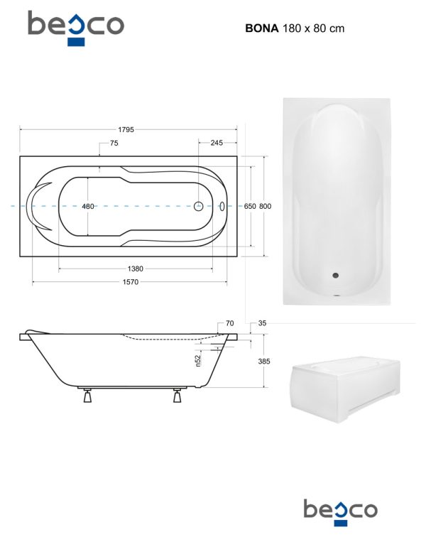 Besco Bona egyenes akril fürdőkád 180 x 80 cm - WAB-180-PK - Image 4