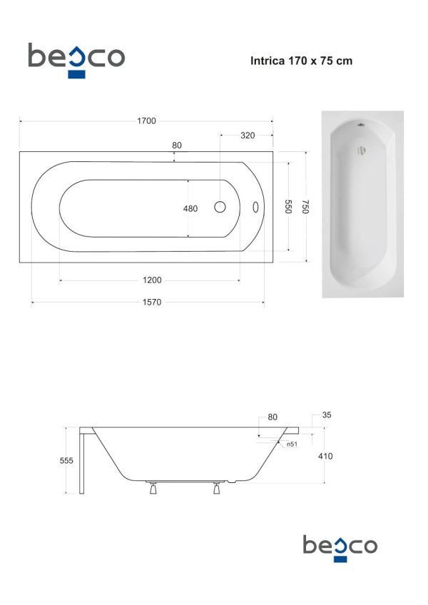 Besco Intrica egyenes akril fürdőkád 160 x 75 cm - WAIN-160-PK - Image 4