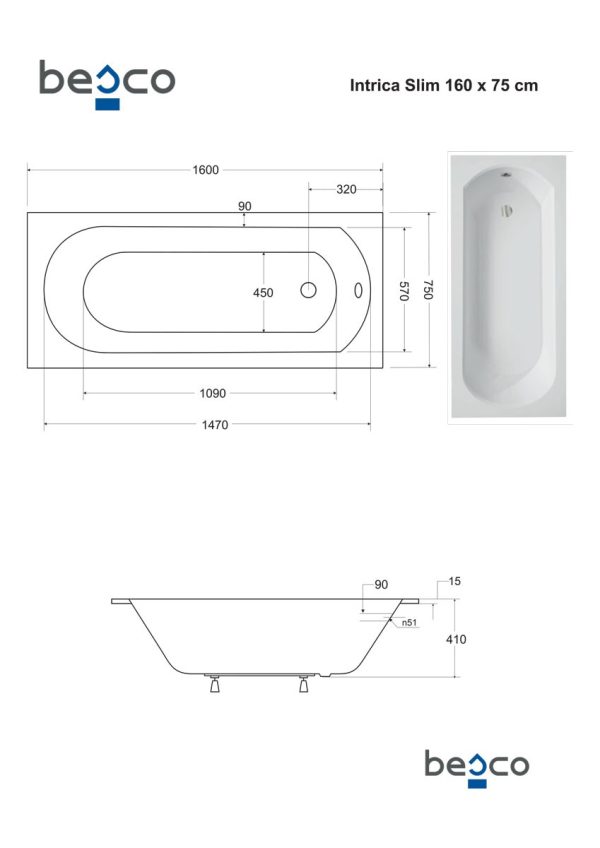 Besco Intrica Slim egyenes akril fürdőkád 150 x 75 cm - WAIN-150-SL - Image 3