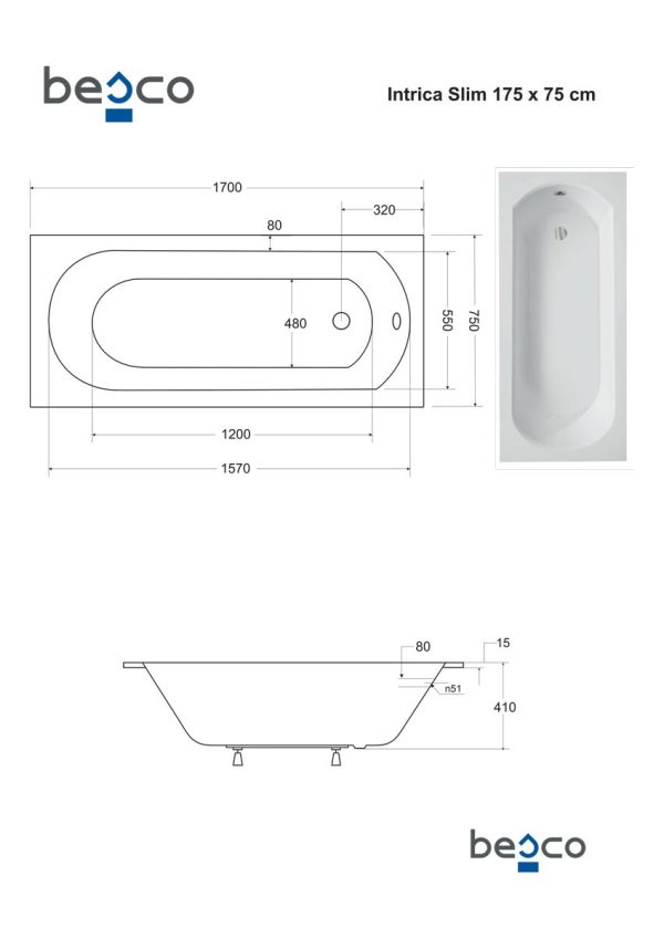 Besco Intrica Slim egyenes akril fürdőkád 160 x 75 cm - WAIN-160-SL - Image 2