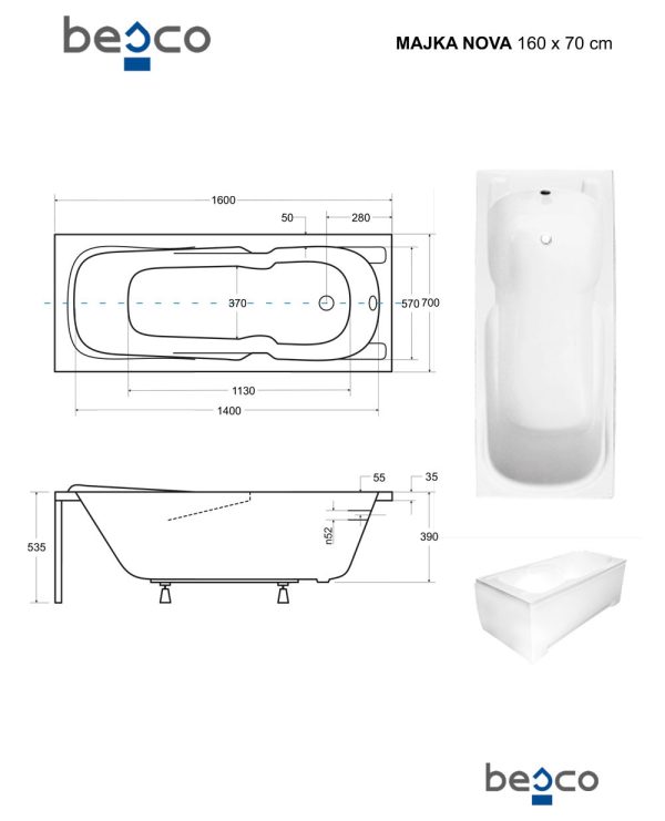Besco Majka Nova egyenes akril fürdőkád 140 x 70 cm - WAM-140-PK - Image 3
