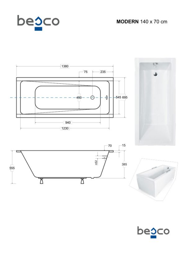 Besco Modern Slim egyenes akril fürdőkád 140 x 70 cm - WAM-140-SL - Image 2