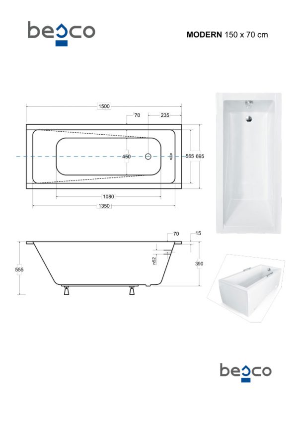 Besco Modern Slim egyenes akril fürdőkád 150 x 70 cm - WAM-150-SL - Image 3