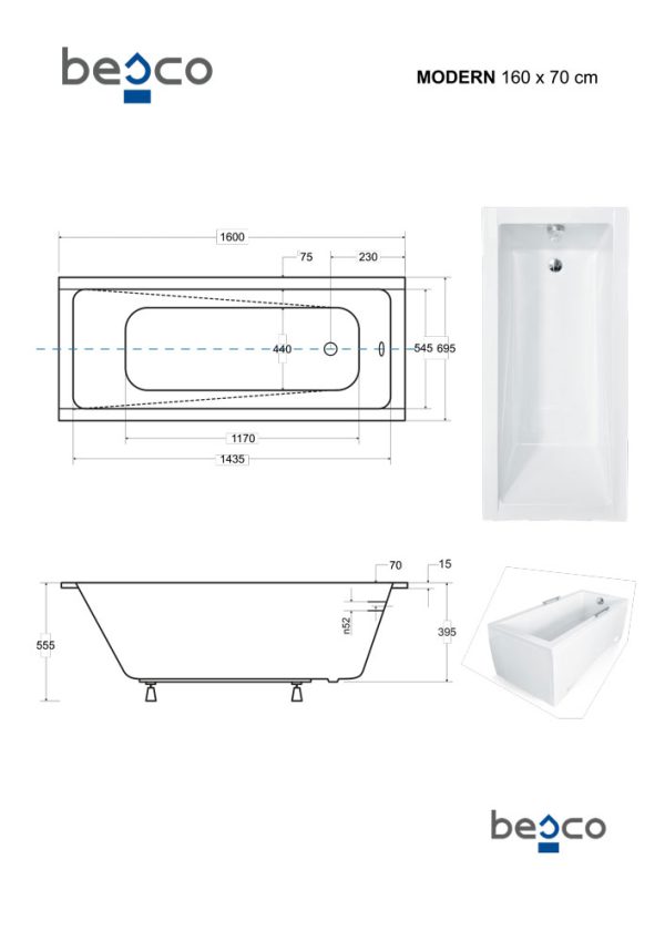 Besco Modern Slim egyenes akril fürdőkád 160 x 70 cm - WAM-160-SL - Image 3