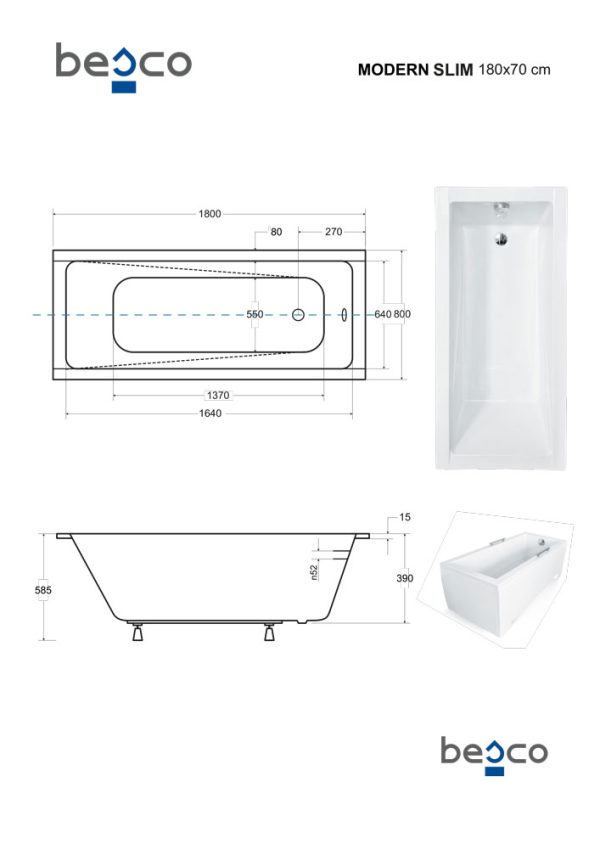 Besco Modern Slim egyenes akril fürdőkád 180 x 80 cm - WAM-180-SL - Image 3