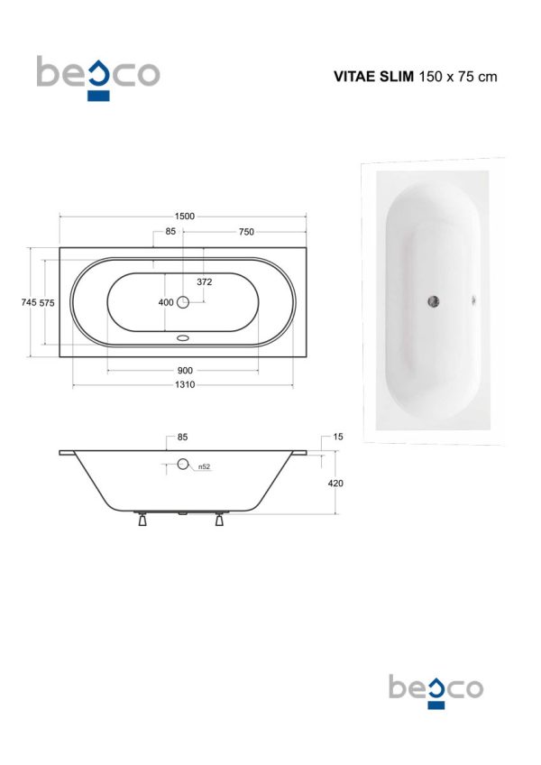 Besco Vitae Slim egyenes akril fürdőkád 150 x 75 cm - WAV-150-SL - Image 6