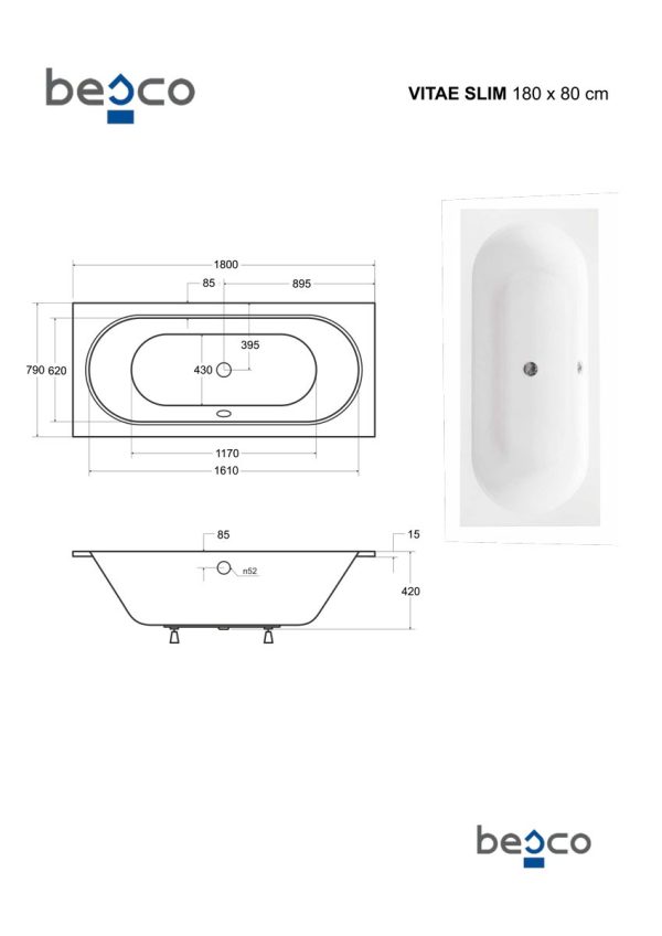 Besco Vitae Slim egyenes akril fürdőkád 180 x 80 cm - WAV-180-SL - Image 3