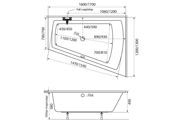 M-acryl Trinity akril aszimmetrikus fürdőkád tartóláb szettel - Image 2
