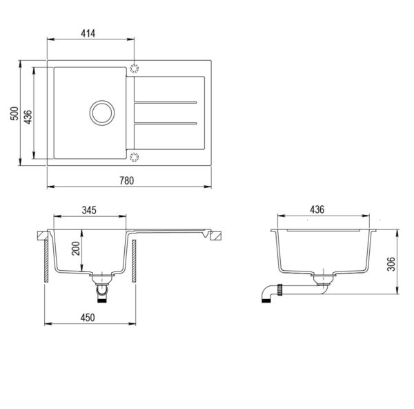 Evido Cubo 45S csepptálcás gránit mosogató 780 x 500 x 200 mm antracit - 105530 - Image 3