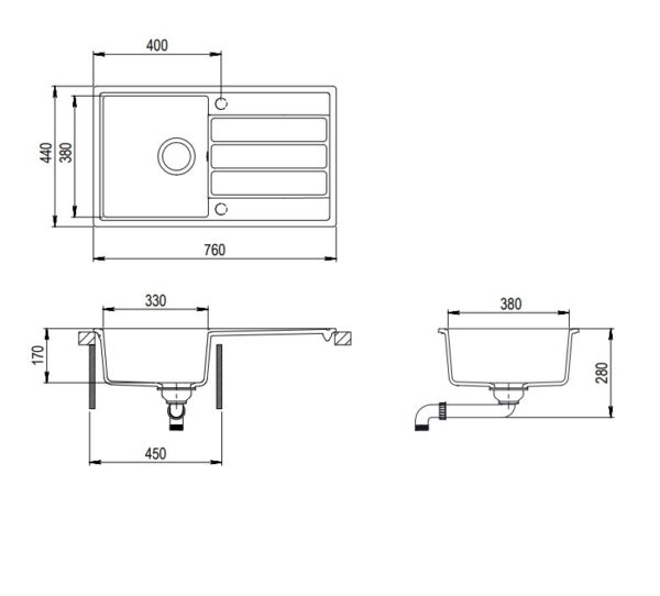 Evido Easy 45S csepptálcás gránit mosogató 760 x 440 x 170 mm antracit + Evido LANA csaptelep fekete - 442032SET - Image 3